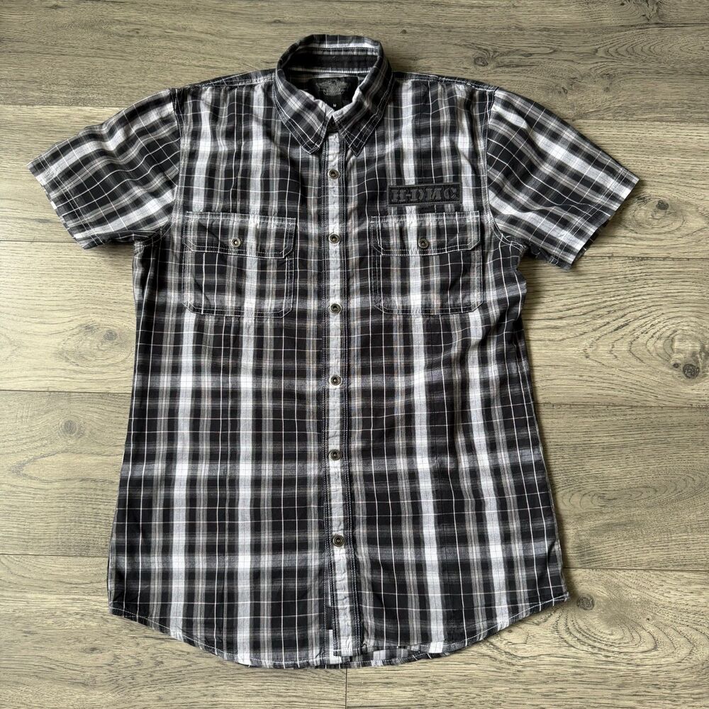 Harley Davidson HDMC Men’s Plaid Short Sleeve Button Up Shirt Black Gray - Size